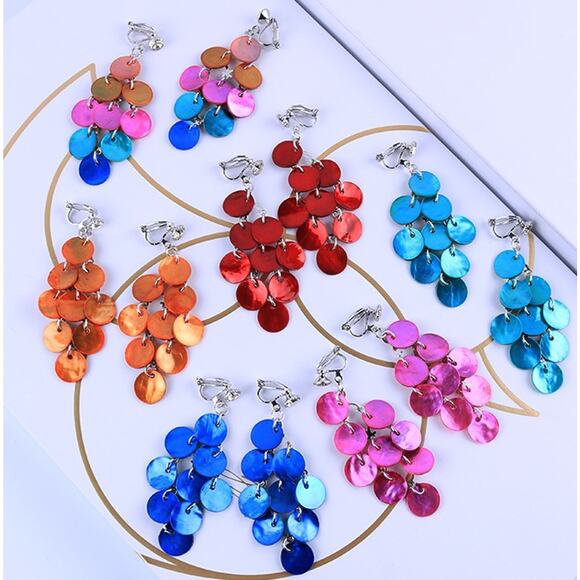 Clip on silver, round layered turquoise shell earrings & clear stone - Picture 4 of 4